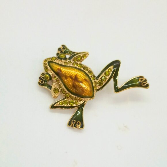 Liz Claiborne Leaping Frog Brooch Vintage Gold Tone Pin with Green Rhinestones - Picture 1 of 6